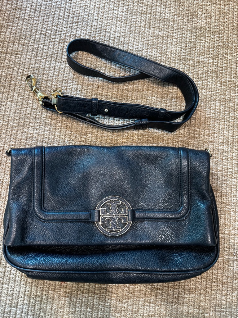 Tory Burch Black Pebbled Leather Crossbody With Logo Medallion